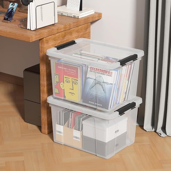 35 Quart Latching Storage Box with Wheels See-Through Base Plastic Container Bins with Secure Latching Lid Black Latch (4-Pack)