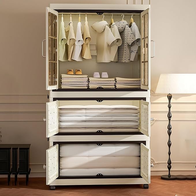 SunSettler Stackable Plastic Storage Cabinet with Transparent Windows Collapsible Closet Organizer with Wheels (1+1 Plus)