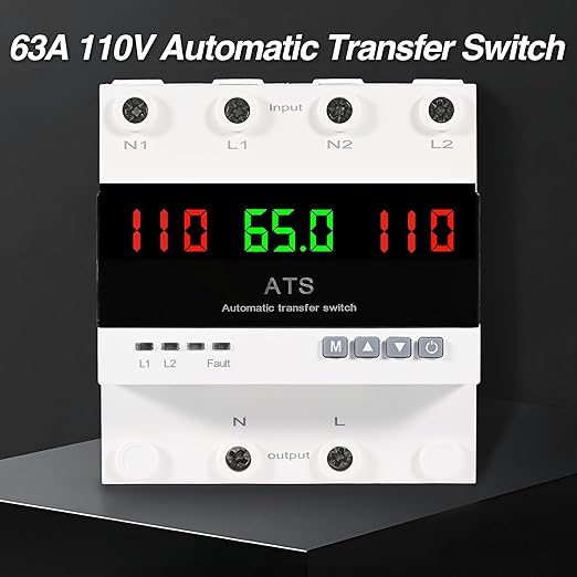 63A 110V Automatic Transfer Switch Auto/Manual Generator Transfer Switch DIN Rail Mount ATS with LED Display Safety Protections for Home Generator Inverter Utility Power L1 Priority Phase Selector