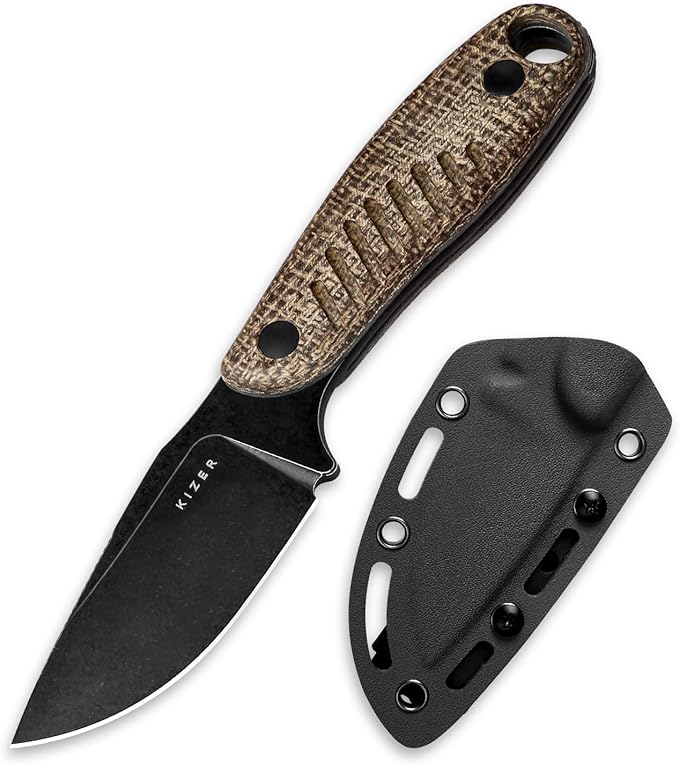Kizer Hare Fixed Blade Knife with Sheath 3.14 D2 Steel Blade EDC Hunting Knife with Burlap Micarta and Black G10 Handle Small Survival Knives Outdoor Camping Knives for Men Women 1077M3