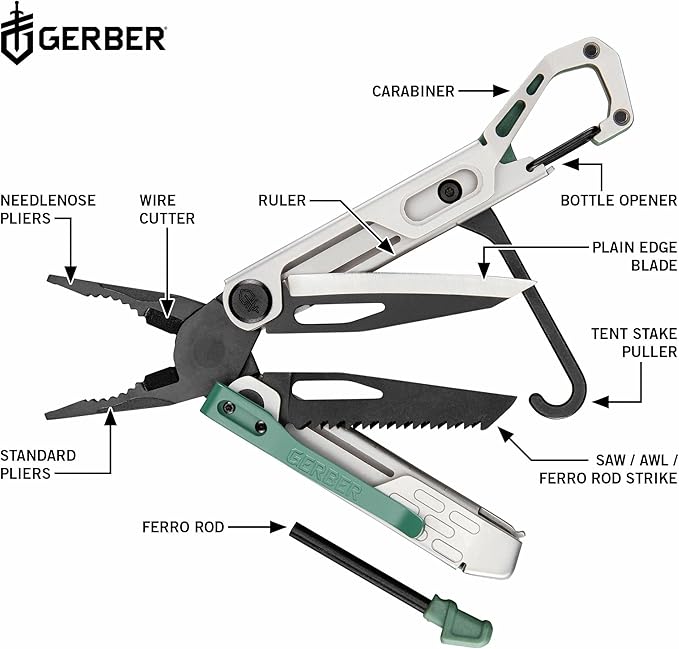Gerber Gear Stakeout Spark - Multi-Tool Folding Knife for Backpacking Survival Camping Outdoor - Pocket Tool w/Bottle Opener Tent Stake Puller Scissors Tweezers - Baltic Haze