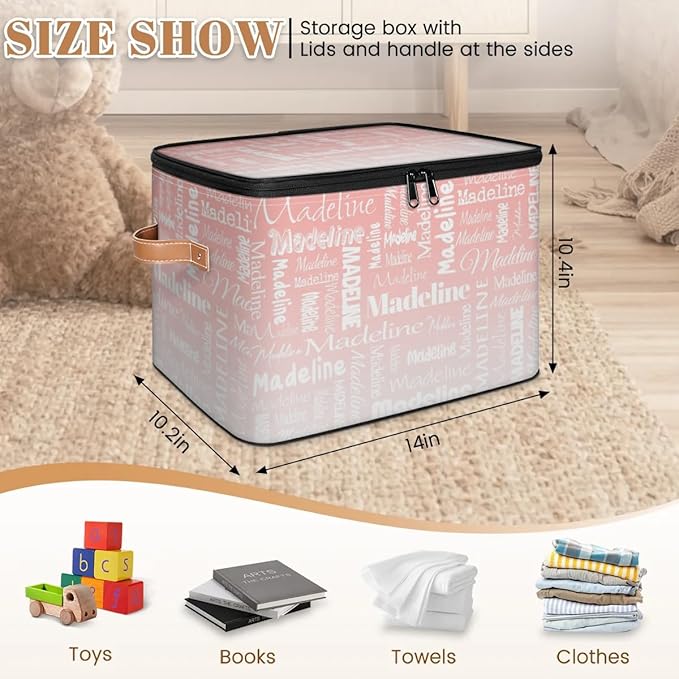 Custom Storage Basket with Name Personalized Keepsake Box with Zipper Lid Foldable Fabric Memory Bin Large capacity with Handle Pink White