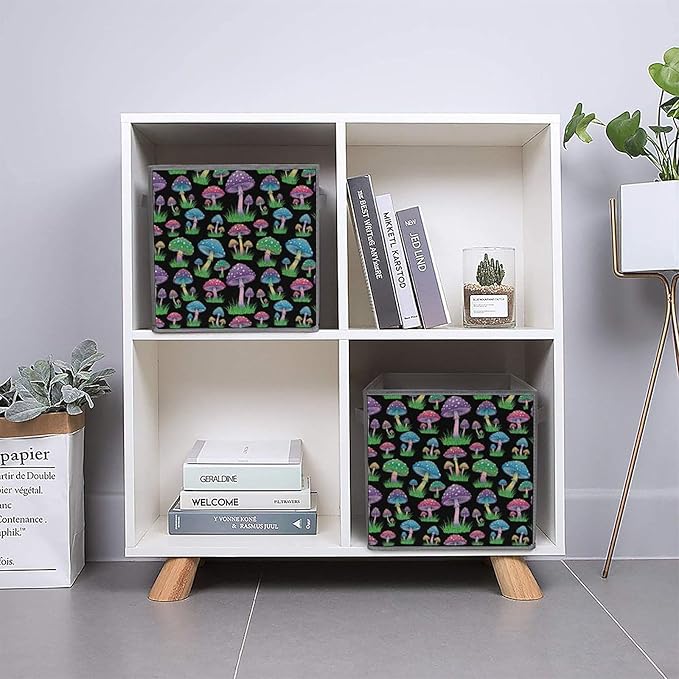 Fabric Storage Bins with Handles Neon Mushroom Foldable Collapsible Cube Organizer for Shelves Multi-Purpose Box for Bedroom Living Room Closet