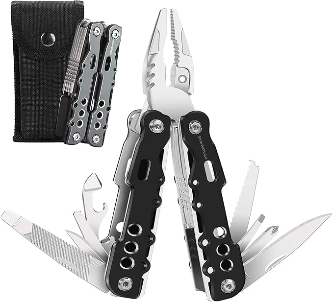 14-In-1 Multitool Pliers Pocket Knife Stainless Steel Great Camping Accessories - Camping Multi Tool Gifts for Men with Portable Belt Holder Nylon Pouch and Safety Locking Survival Tools