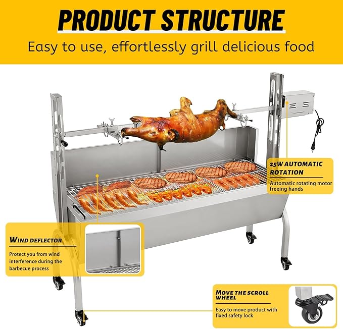 176LBS Rotisserie Grill with Hooded Cover 25W Motor BBQ Lamb Pig Roaster 47 Stainless Steel Charcoal Grill for Camping Outdoor Barbecue