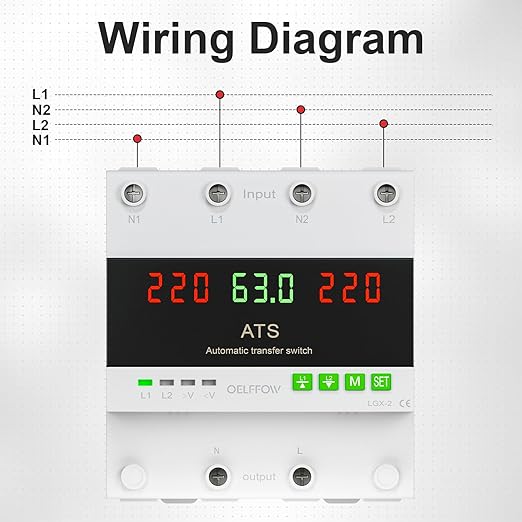 110 VAC Dual Power Automatic Transfer Switch 2-Pole 63 Amp DIN Rail ATS Adjustable Emergency Power Switch with 3.54” Guide Rail