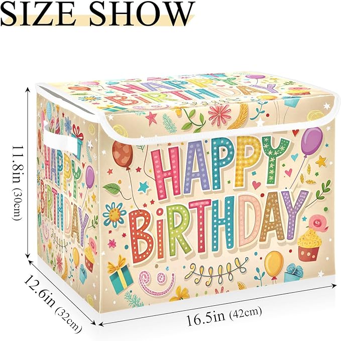 Happy Birthday Beige Large Storage Bins with Linen Foldable Storage Cubes Fabric Closet Organizer Containers box with Flip-Top Lid for Home Office Closet 16.5” x 12.6” x 11.8”