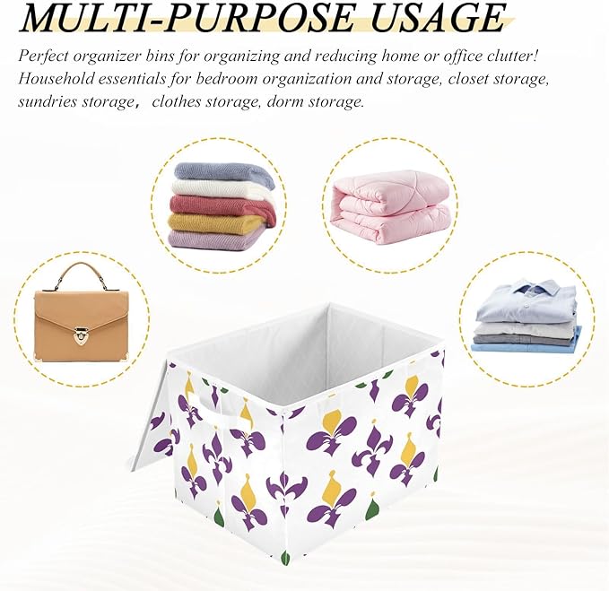 Storage Baskets with Lids Mardi Gras Collapsible Bins Stackable Fabric Large Linen Baskets Closet Organizer Container 16.5x12.6x11.8