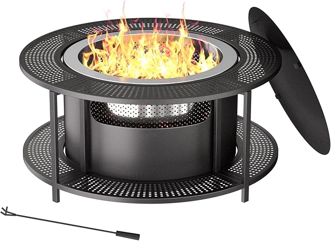 Kullavik 37 Inch Surround Tabletop with 25 Inch Outdoor Smokeless Fire PitStainless Steel Firepit with Weather Resistant CoverWood Burning Fire Pit for Outside