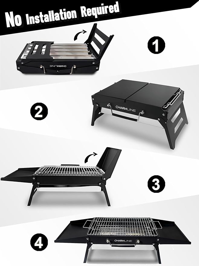 Charmline 15x11 inches Portable Charcoal Grill Compact Portable BBQ Grill Tabletop Charcoal Grills for Camping Picnics Gardens and Beach Parties Black