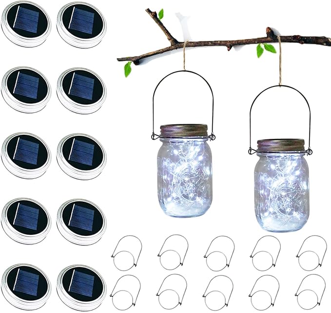 Solar Mason Jar Lid Lights 10 Pack 30 LED Waterproof Firefly Fairy Lights with Hangers(No Jars) Outdoor Starry String Lights for Patio Yard Garden Wedding Lantern Decor (Cool White)