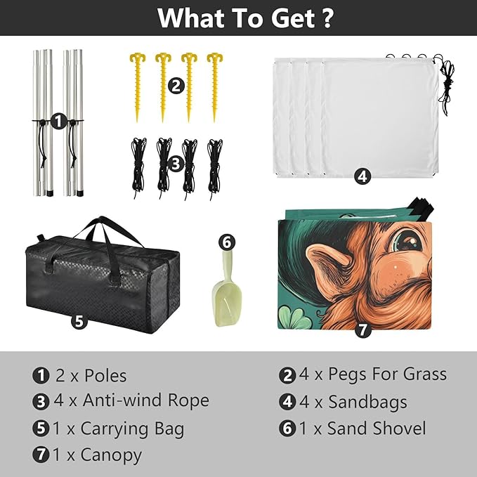 St Patrick's Day Leprechaun Beach Tent Sun Shelter Set UPF50+ UV Protection 10.5 x 9.19 FT Camping Shade Canopy with Sandbags Sand Anchors Carrying Bag and Others