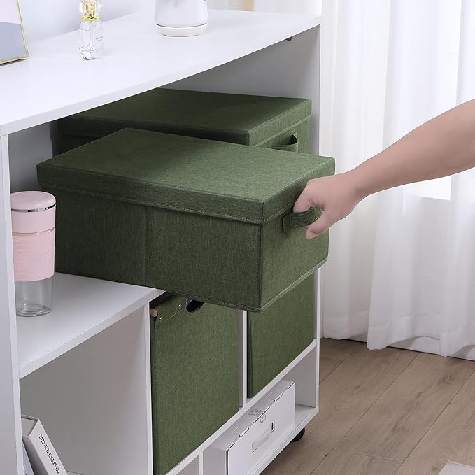 HOONEX Storage Bins with Lids for Organizing Pack of 2 Storage Boxes with 2 Carrying Handles and Sturdy Heavy Cardboard 16.5 L x 11.8 W x 7.5 H for Shoes Books Clothes Olive