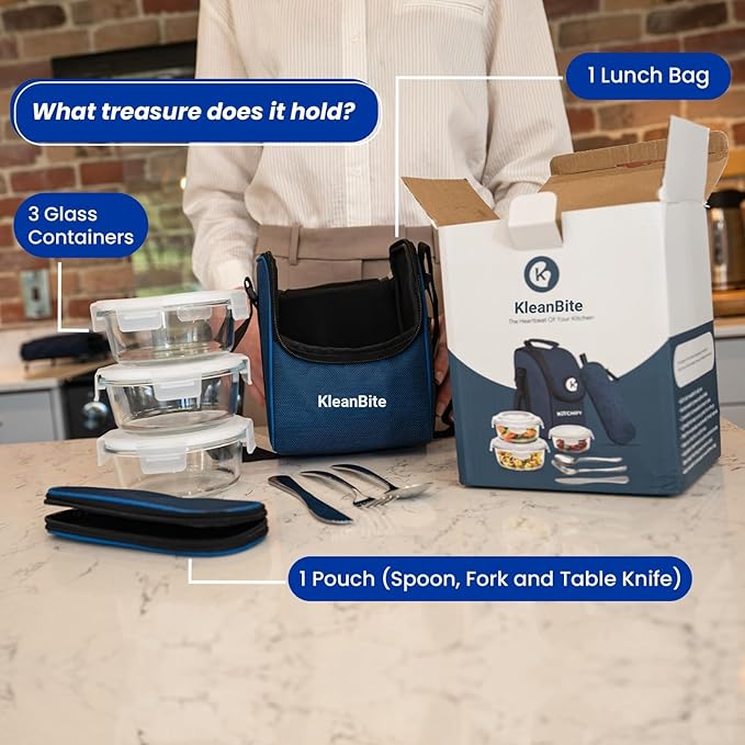 Insulated Lunch Bag with 3 Airtight &amp Leakproof Glass Containers Fork &amp Knife Set | Food Storage Container for Office &amp Travel | Dishwasher &amp Microwave Safe (only for adults)