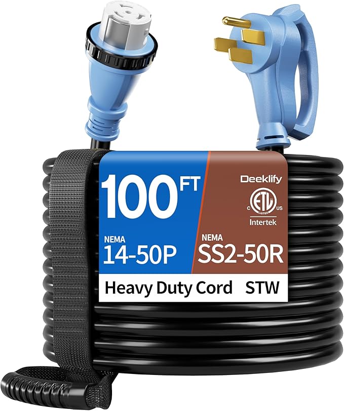 100FT 40 Amp Generator Cord NEMA 14-50P/SS2-50R Heavy-Duty 4 Conductors Cable Pure Copper STW RV Extension Cord Female Plug with Twist Lock Suitable for RV or Camper ETL Listed