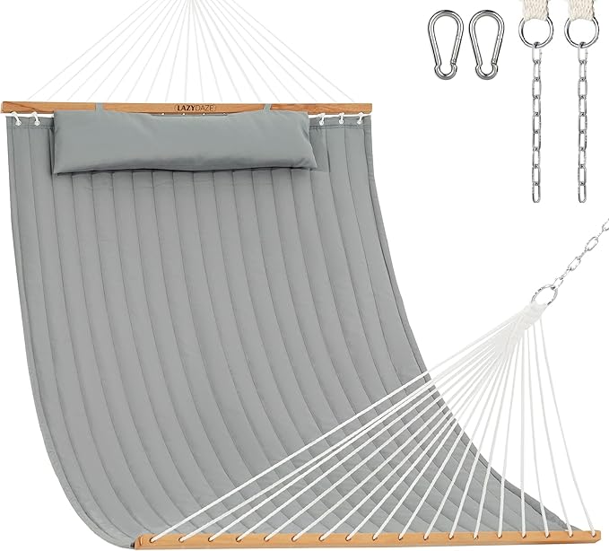 Lazy Daze Hammocks 12 FT Double Quilted Fabric Hammock with Spreader Bar and Detachable Pillow 2 Person Double for Outside Patio Backyard 450lbs Capacity Light Gray