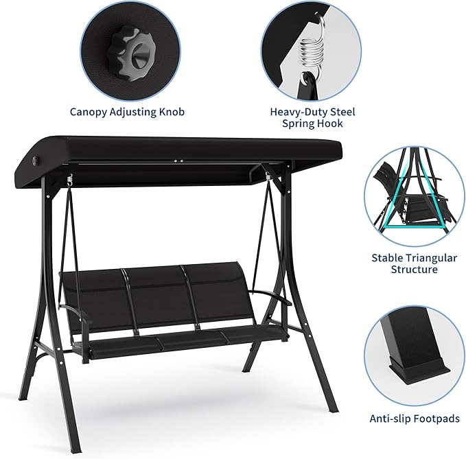 3-Seat Patio Swing Chair with Adjustable Canopy - Heavy-Duty Outdoor Porch Swing for Adults with Breathable Textilene Armrests Seat- Perfect for Backyard Poolside &amp Garden Relaxation Black