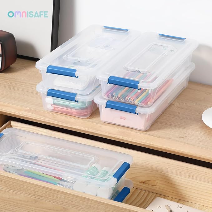 Plastic Storage Bin with Lid Stackable Design Clip Box for Crafts Supplies and Office Items Container (8 Pack 4 Quart Blue)