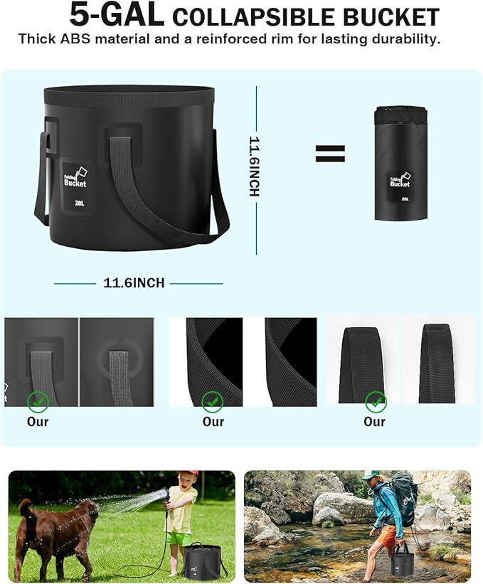 Portable Camping Shower 6000mAh Camping Shower with LED Display Camp Shower with 5 Gallons Collapsible Bucket portable shower with 3 Spray Modes for Hiking Travel Car Pet