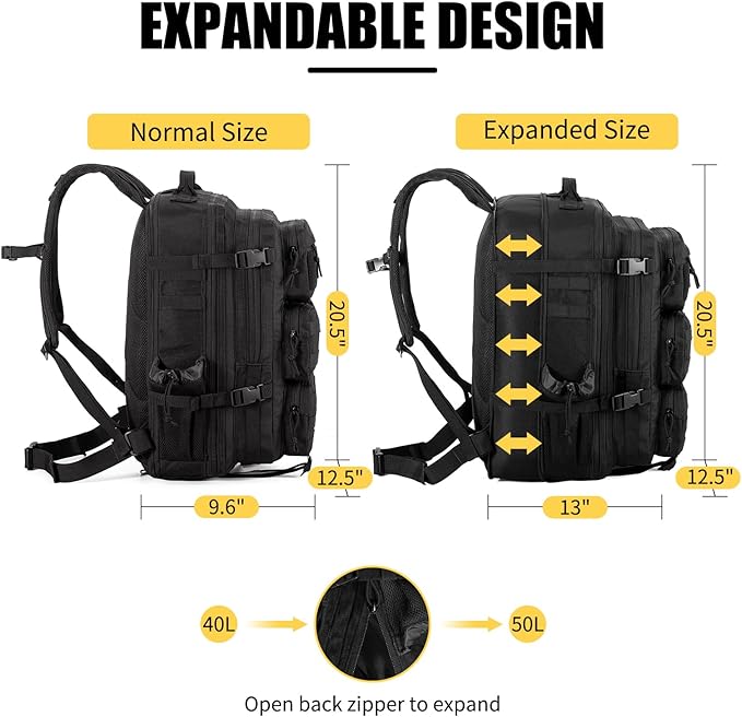 Tactical Backpack for Men 40/50L Expandable Military Backpack Waterproof MOLLE Hiking &amp Camping Rucksack Assault Pack &amp Bug Out Bag for Outdoor Work Backpack