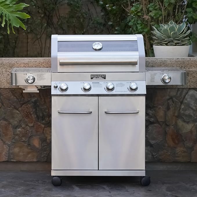Monument Grills Larger 4+2 Burner Propane Gas Grills Stainless Steel Cabinet Style with Clearview® Lid Knob Controls Built-In Thermometer Infrared Side Sear Burners &amp Side Burners Outdoor Use