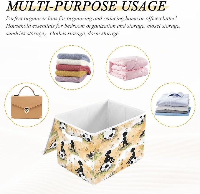 Orange Kids Soccer Ball Grass Storage Box with Lid 1 PC Foldable Storage Bin with Lids Stackable Storage Bins Cube Closet Organizer Basket with Flip-Top Lid &amp Handles for Shoes Books Towels