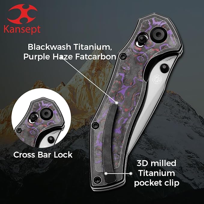 KANSEPT Apollo Pocket Knive 3.11Mirror DLC CPM S35VN Blade Blackwash Titanium inlaid Purple Haze Fatcarbon Handle with Thumb Stud Cross Bar Lock Folding for Men WomenCamping Hiking Knives K2107V4