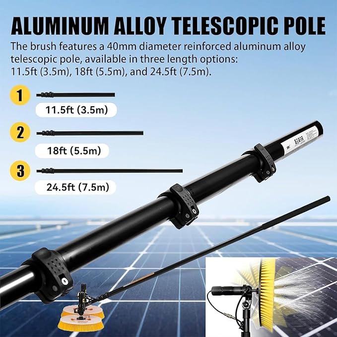 Electric Solar Panel Cleaning Brush &amp Water Fed Pole Kit Telescopic Rod PV Panel Wash Cleaning Machine 65cm Cleaning WideMains Electricity-7.5m/24ft