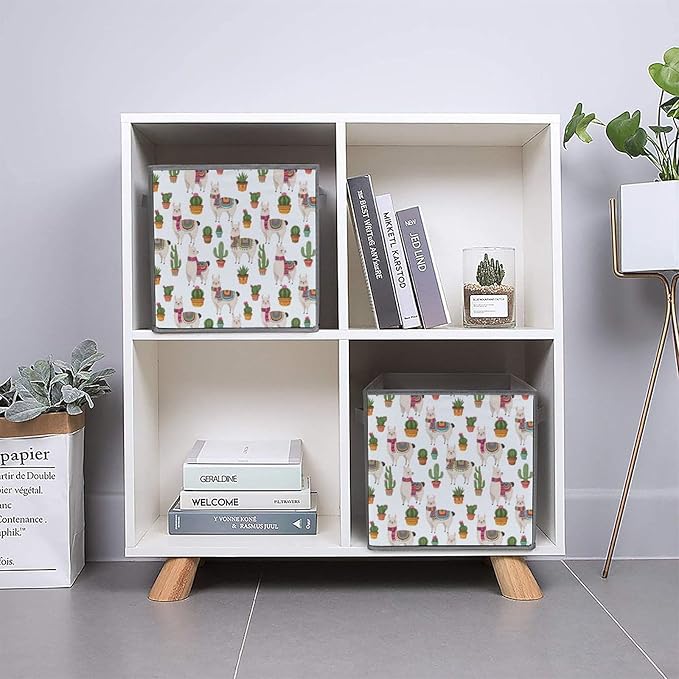 Space-Saving Fabric Storage Cubes Llama And Cactus Collapsible Baskets with Handles Stylish Storage Solution for Home