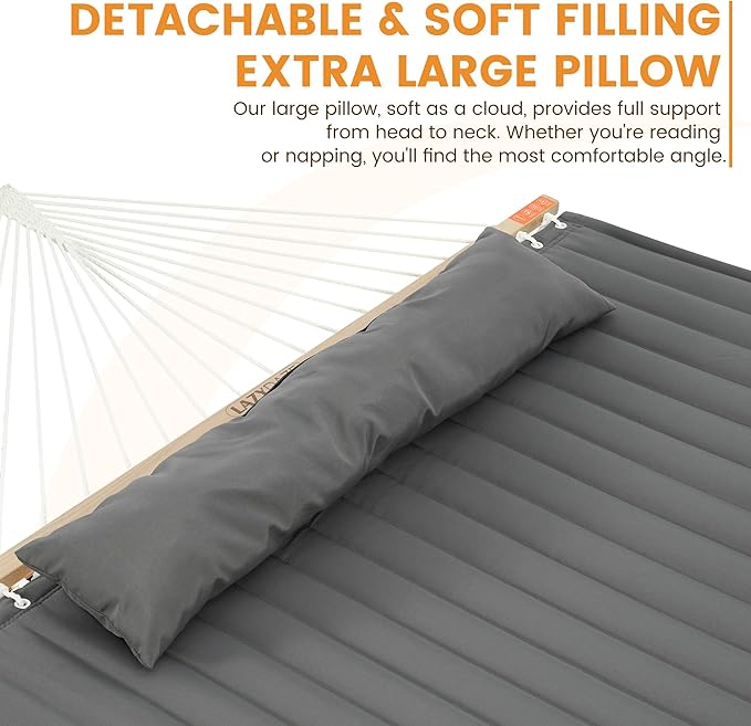 Lazy Daze Hammocks 2 Person Double Quilted Fabric Hammock with Spreader Bar Detachable Pillow Side Pocket Carabiners Chains Straps for Outdoor 450lbs Capacity Grey