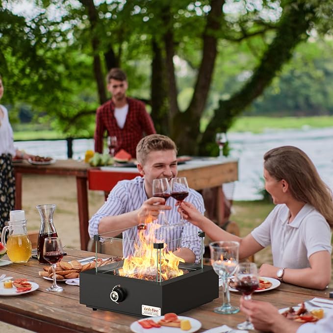 ONLYFIRE OUTDOOR LIVING 15.7 Portable Propane Gas Fire Pit Side-Mounted Modern Tabletop Fireplace Smokeless Firepit with Glass Wind Guard for Patio Camping RV Tailgating 23000BTU Squre FP040