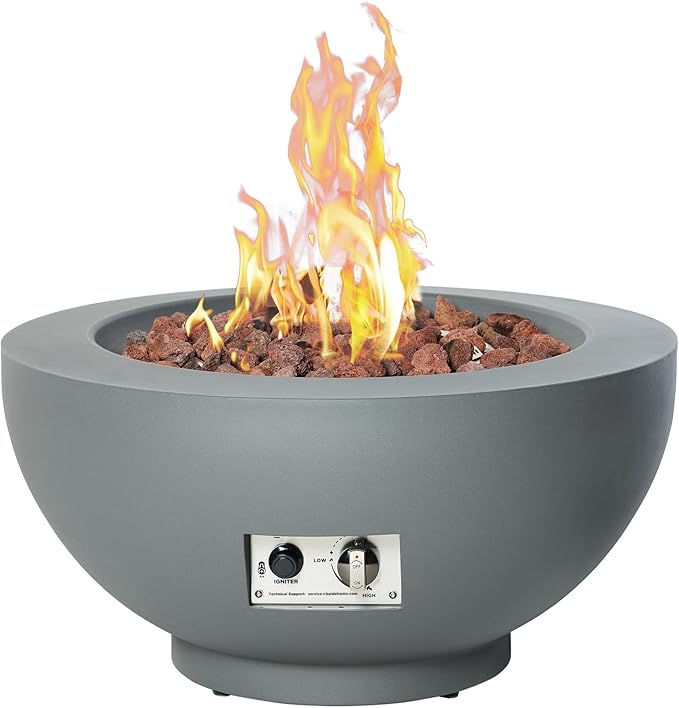 28-Inch Fire Table 58000 BTU Outdoor Propane Fire Pit Patio Round Fire Bowl Gas Firepit with Lid Lava Rocks Cover Pre-Attached 10 ft Propane Hose Gray