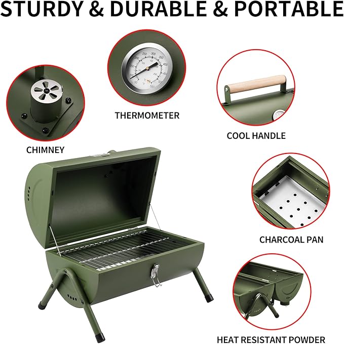 Portable Charcoal Grill Tabletop Outdoor Barbecue Smoker Small BBQ Grill for Outdoor Cooking Backyard Camping Picnics Beach by DNKMOR GREEN