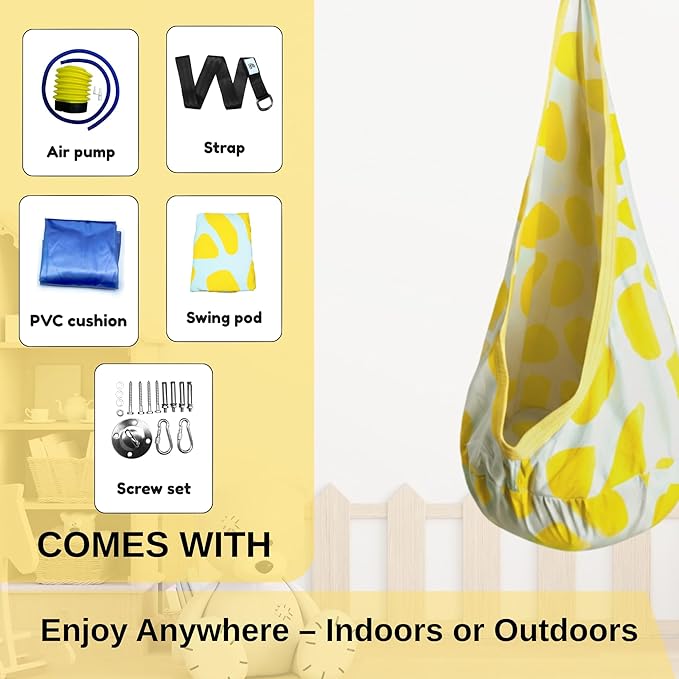 Calming Sensory Swing — Indoor Sensory Hammock for Kids &amp Adults Supports up to 170 lb (77 kg) Double-Layer Canvas Fabric Hanging Hardware Included White-Yellow