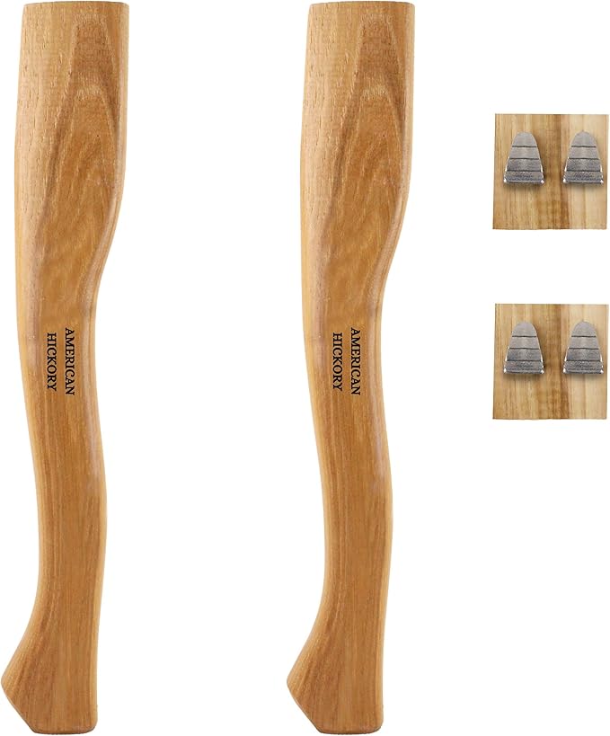 2 Pack American Hickory Axe Handle Replacement for 14 Axes That use 1-1/4 Pound Heads Complete Set with Wooden and Steel Wedges - Hatchet Handle Replacement - Hickory Hatchet Handle Replacement Axe