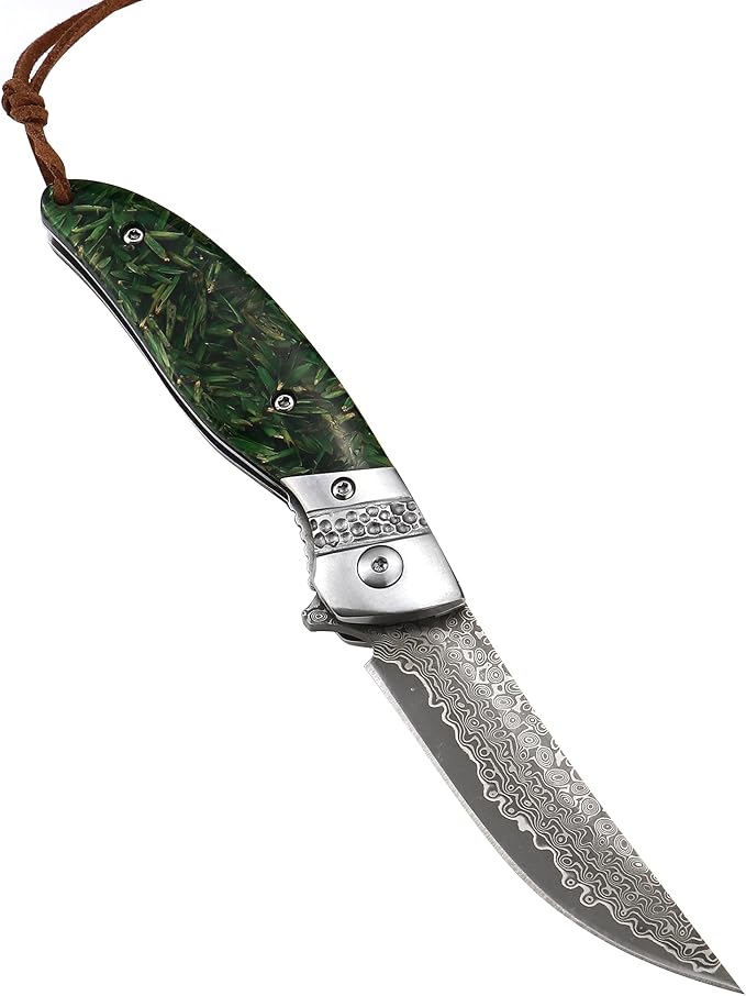 ALBATROSS Damascus Folding Pocket Knife - Premium EDC with VG10 Steel Blade Green Synthetic Handle Ball Bearing Assisted Opening Liner Lock for Outdoor Hunting Camping - Great Gift for Men - HGDK
