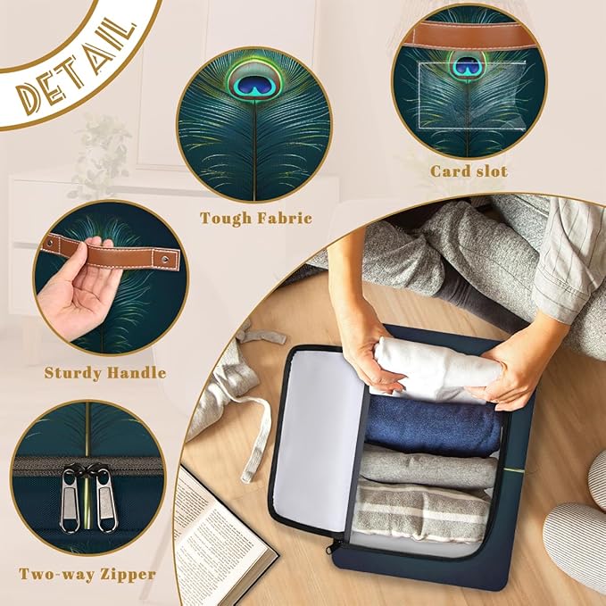 Peacock Feather Storage Box with Lid Boho Feather Collapsible Storage Bins Baskets Cubes Closet Shelf Clothes Organizer Containers with PU Leather Handles