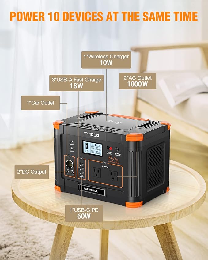 GRECELL 1000W Solar Generator with 200W Portable Solar Panel 999Wh Portable Power Station Solar Powered Generator Lithium Battery Backup USB-C PD 60W for Outdoor Camping RV Off-grid Home Emergency