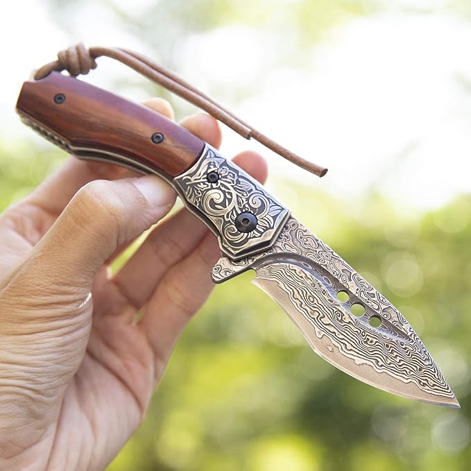 hand made damascus steel pocket knife 3.1 inch outdoor folding knife camping rosewood handle with leather case and inner lining