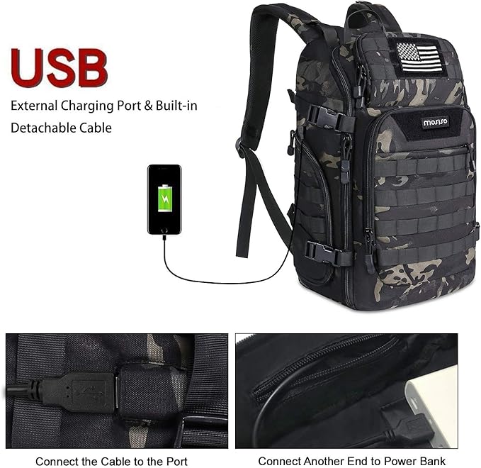MOSISO 30L Tactical Backpack Military Daypack 3 Day Assault Rucksack Outdoor Hiking Hunting Fishing Camping Training Shoulder Bag with USA Flag Patch &amp USB Charging Port Night Camouflage