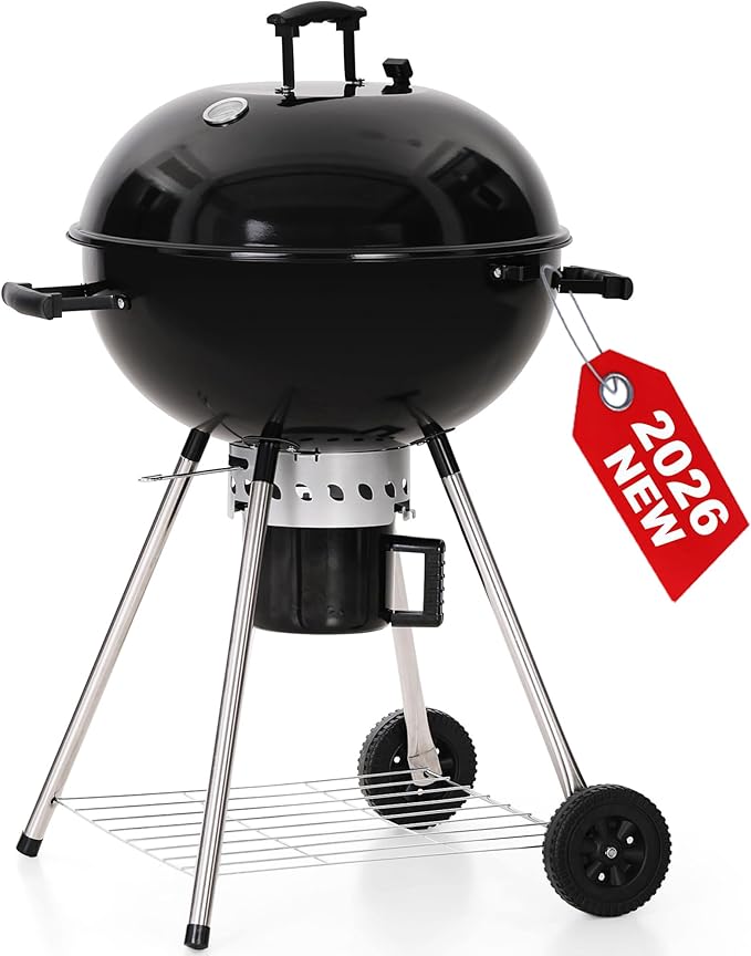 GREEN PARTY 22 inch Kettle Charcoal BBQ Grill with Wheels Portable Charcoal Grill with Porcelain-Enameled Lid &amp Ash Catcher for Outdoor Cooking Barbecue Camping Picnics Tailgating Black