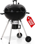 GREEN PARTY 22 inch Kettle Charcoal BBQ Grill with Wheels Portable Charcoal Grill with Porcelain-Enameled Lid &amp Ash Catcher for Outdoor Cooking Barbecue Camping Picnics Tailgating Black