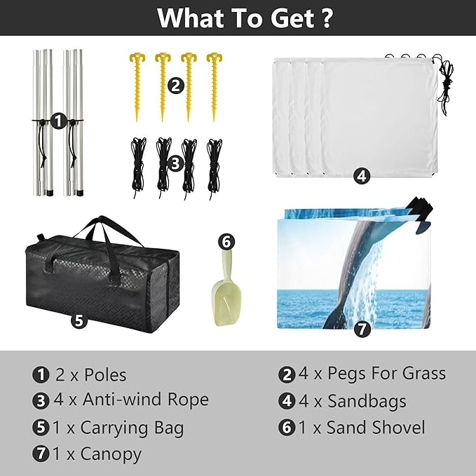 Dolphin Beach Canopy Sun Shelter with Sandbags &amp Sand Shovel &amp Windproof Ropes - Portable 110x126 Beach Shade Beach Tent for Camping Picnics