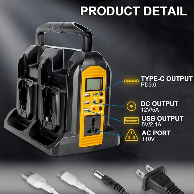 350W Power Inverter for Dewalt 20V 60V Li-ion Battery 4-Port 20V to 120V Pure Sine Wave Inverter with LED Light 3 USB-A Port 1 USB-C Port 1 DC Port Power Station for Outdoor Camping (Tool Only)