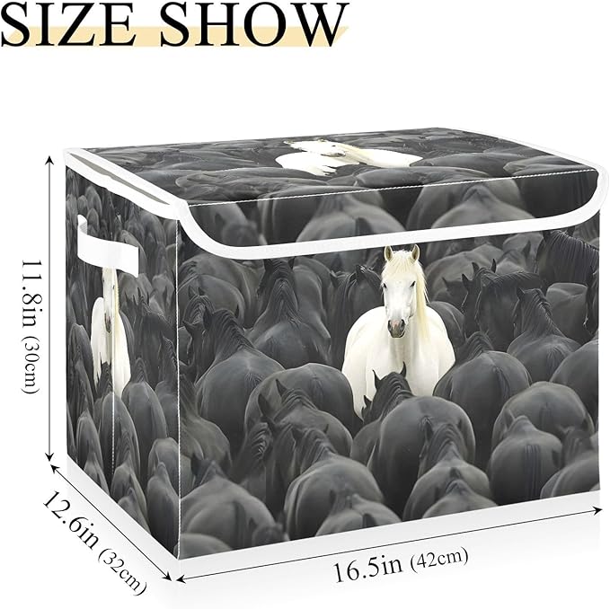 White Horse in Black Storage Cube Bins Basket with Lid Collapsible Flip-top Fabric with Handle for Home Bedroom Closet Office 16.5×12.6×11.8 in