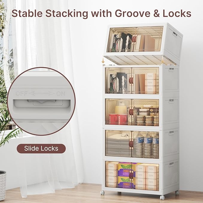 UAMFURI Stackable Storage Bins with Lids 240QT Closet Organizers Lockable Storage Cabinet Foldable Storage Box with Doors and Wheels Plastic Drawers for Home Garage Office (5 White Medium)