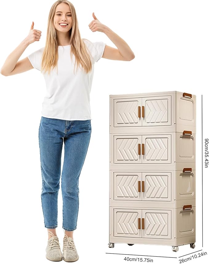 4-Tier Stackable Storage Bins with Lids 94QT Plastic Large Collapsible Storage Containers with Wheels and Magnetic Doors Foldable Closet Organizers for Bedroom Dorm Garage Home Office White