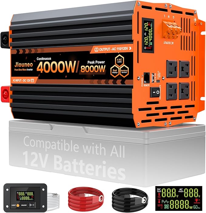 4000W Pure Sine Wave Inverter 12V DC to 110V/120V AC Heavy Duty Power Inverter for Home Backup Off-Grid Solar RV Truck with 4 AC Outlets Dual LCD Display Remote Control Hardwire Port