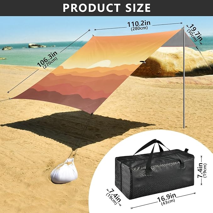 xigua Sunset Beach Tent Sun Shelter with Carrying Bag - Silver Coated Oxford Fabric Beach Canopy for Beach Camping Fishing - Includes Windproof Ropes Sandbags &amp Stakes