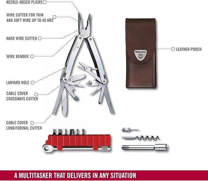 Victorinox Swiss Tool Spirit X Plus Ratchet Swiss Army Knife 36 Function Swiss Made Multi-Tool with Needle-nose Pliers and Leather Pouch - Silver